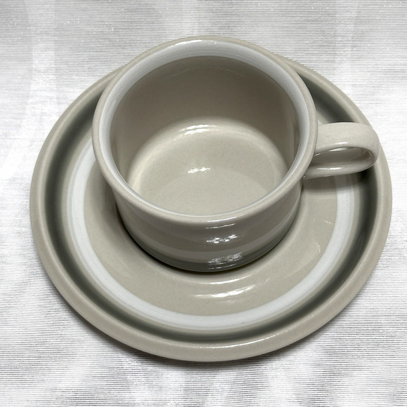 ARABIA OF FINLAND Salla Small Coffee Cup Saucer Gray Gray Tan White Stripe 4 oz. - Picture 2 of 6